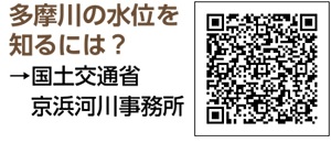 QRコード：多摩川の水位を知るには？→国土交通省京浜河川事務所