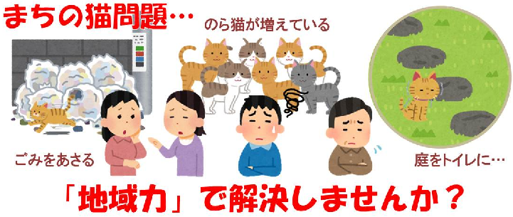 画像：まちの猫問題、ごみをあさる、のら猫がふえている、庭をトイレに…地域力で解決しませんか。