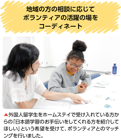 地域の方の相談に応じてボランティアの活躍の場をコーディネート…外国人留学生をホームステイで受け入れている方からの「日本語学習のお手伝いをしてくれる方を紹介してほしい」という希望を受けて、ボランティアとのマッチングを行いました。