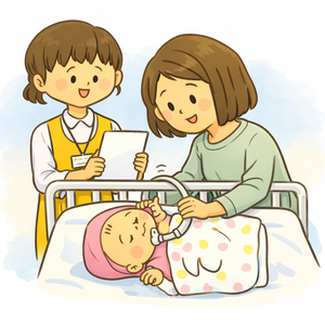 くすのきくんのケアをする母と看護師のイラスト