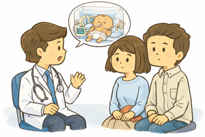 医師の説明を聞く不安な夫婦のイラスト