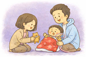 ぬいぐるみで遊ぶ家族のイラスト