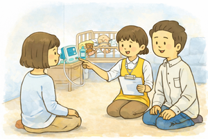 自宅で訪問看護師との打ち合わせを行う夫婦のイラスト