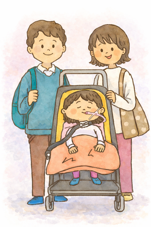 バギーで寝る娘と優しく見守る両親のイラスト