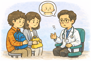 娘の病気を聞いて心配する両親のイラスト