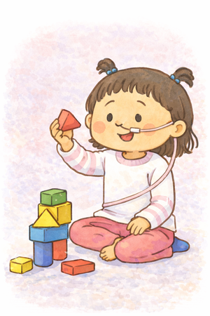 積み木を手に取ったうめちゃんのイラスト