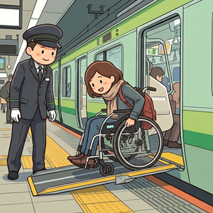 車いすで電車を降車する様子