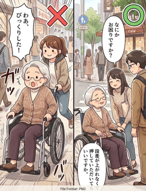 車いすを急に押されてびっくりしている様子と、何かお困りですかと声をかけている様子