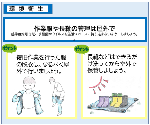 作業服や長靴の管理は屋外で行い、感染症を引き起こす細菌やウイルスを生活スペースに持ち込まないようにしましょう。ポイント1、復旧作業を行った服の脱衣は、なるべく屋外で行いましょう。ポイント2、長靴などはできるだけ洗ってから室外で保管しましょう。