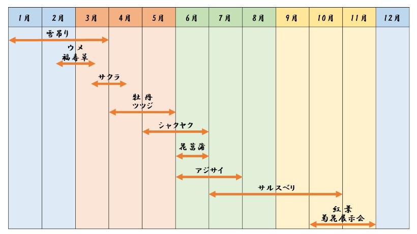 うめが2がつから3がつ、さくらが3がつから4がつ、あじさいが6がつごろにさきます